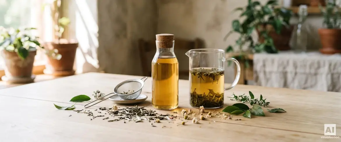 Čaj připravený metodou cold brew ve skleněné karafě a v láhvi, s čajovými lístky a sítkem.