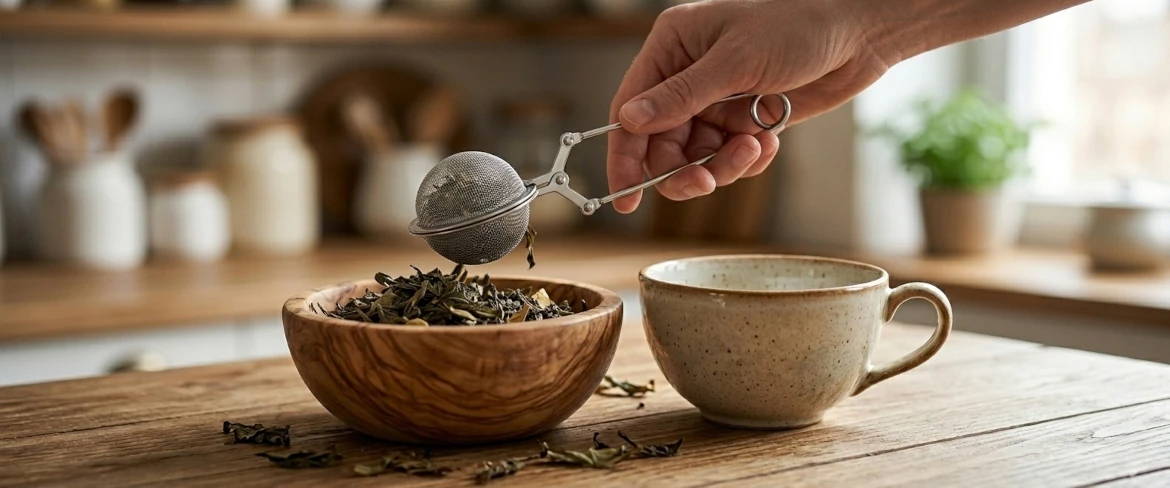 Ocelový čajový sítko ve tvaru kleští při nabírání sypaného čaje z dřevěné misky