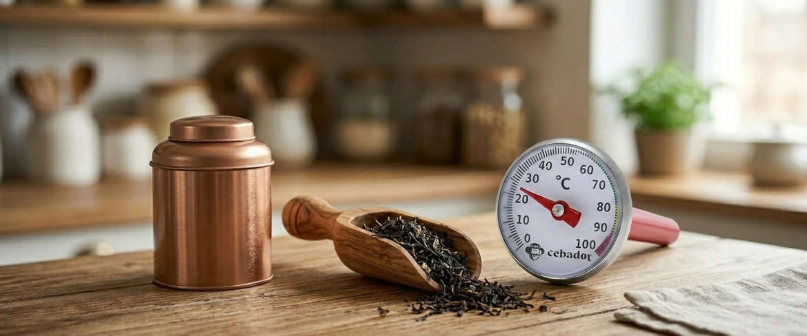 Základní čajové příslušenství: kovová dóza na čaj, dřevěná odměrka naplněná sypaným čajem a čajový teploměr