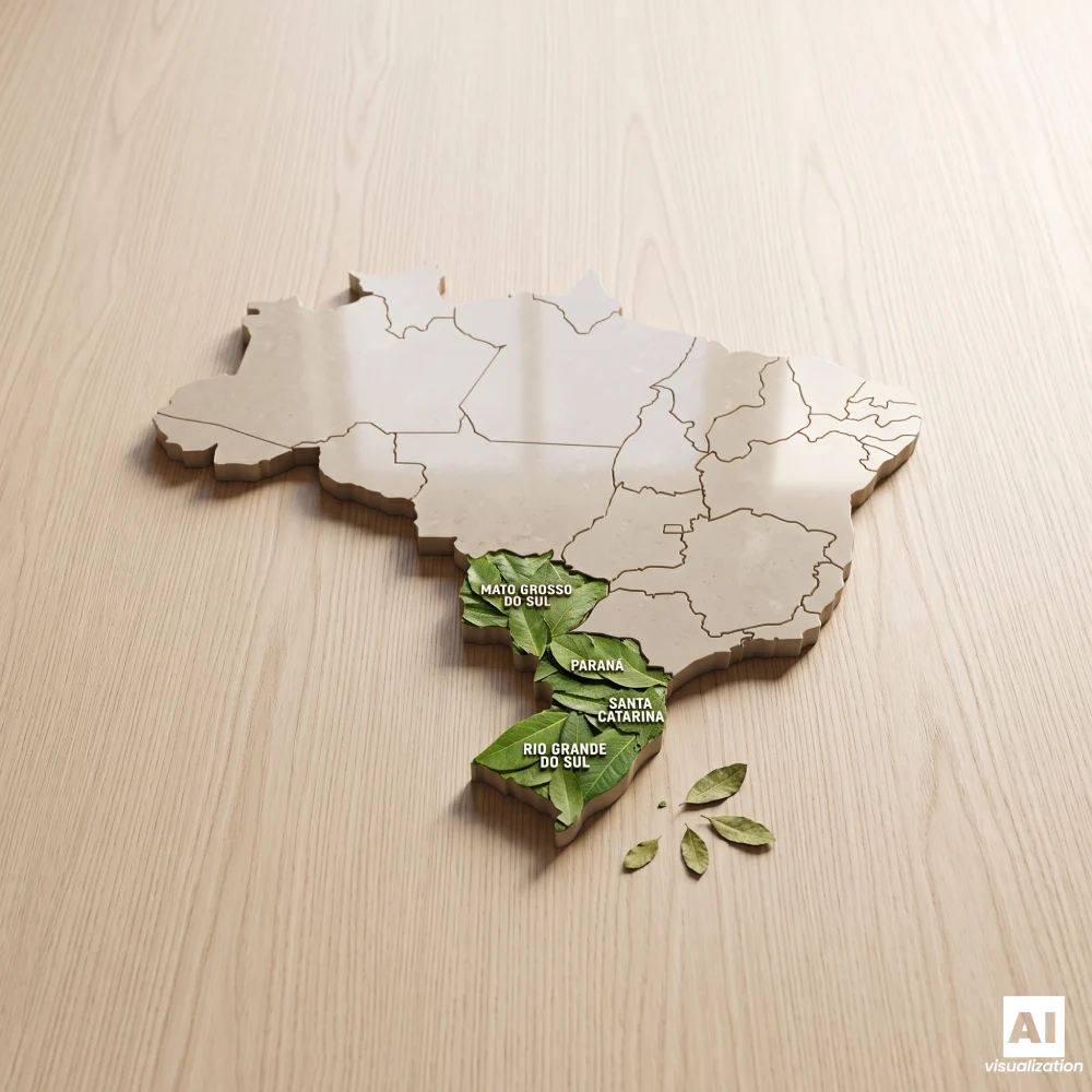 Mapa Brazílie s vyznačenými oblastmi pěstování yerba mate a zelenými listy.