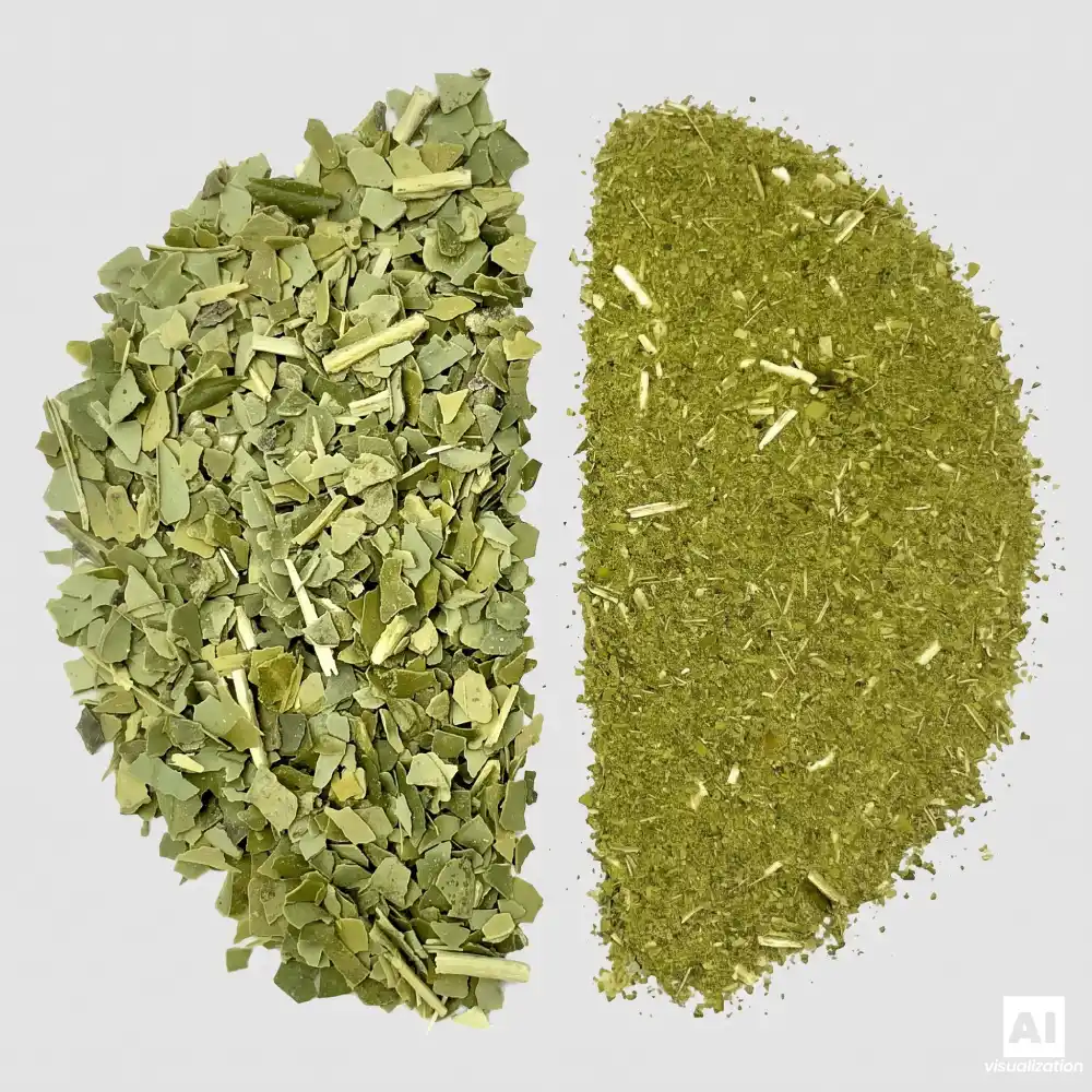 Srovnání zelené yerby mate typu „despalada“ a jemně mletého chimarrão.