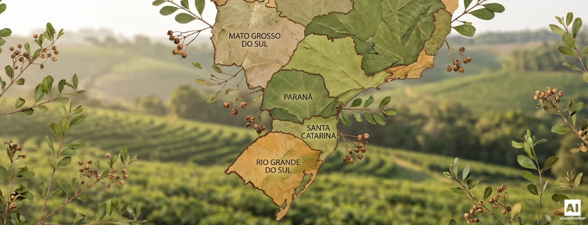 Mapa oblastí pěstování brazilské yerba mate na pozadí plantáží a listů yerba mate.