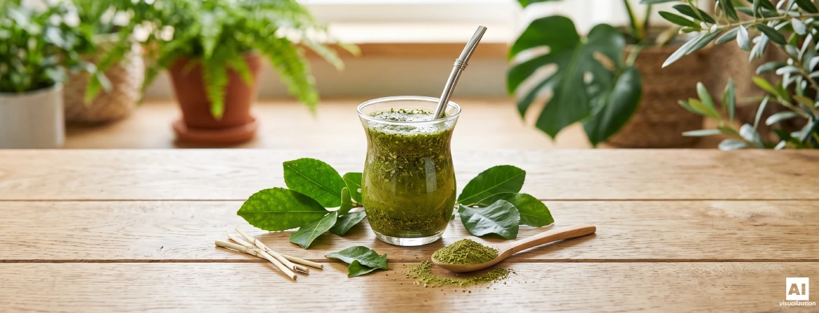 Skleněná nádoba s brazilskou zelenou yerba mate, listy yerba mate a zeleným sušeným listem na lžičce.