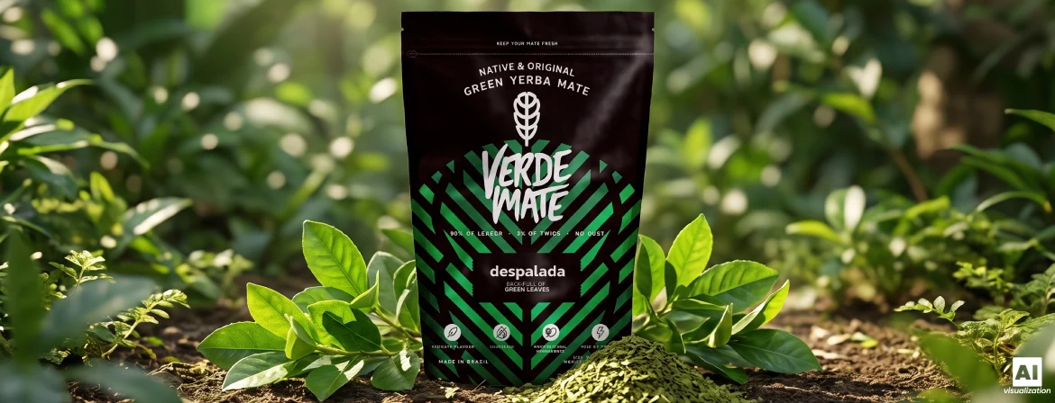 Zelený doypack „Verde Mate Green Despalada“ mezi čerstvými listy a sušenou zelenou yerbou mate.