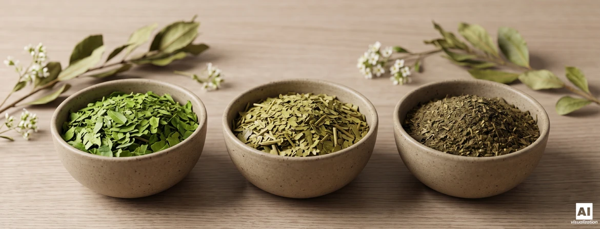 Tři misky sušených listů yerba mate, které se liší barvou, jemností a intenzitou.