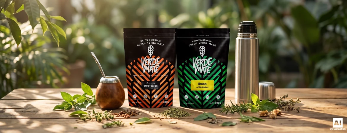 Sada na přípravu brazilské yerba mate, obsahující kalabasu, bombillu, termosku a sáčky Verde Mate.
