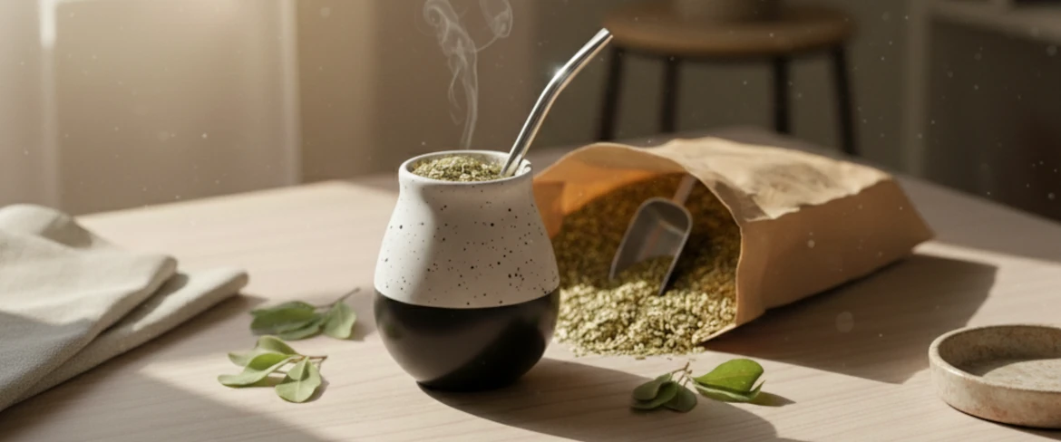 Keramická kalebasa s yerba mate a bombillou – keramická nádoba na yerba mate v přirozeném světle