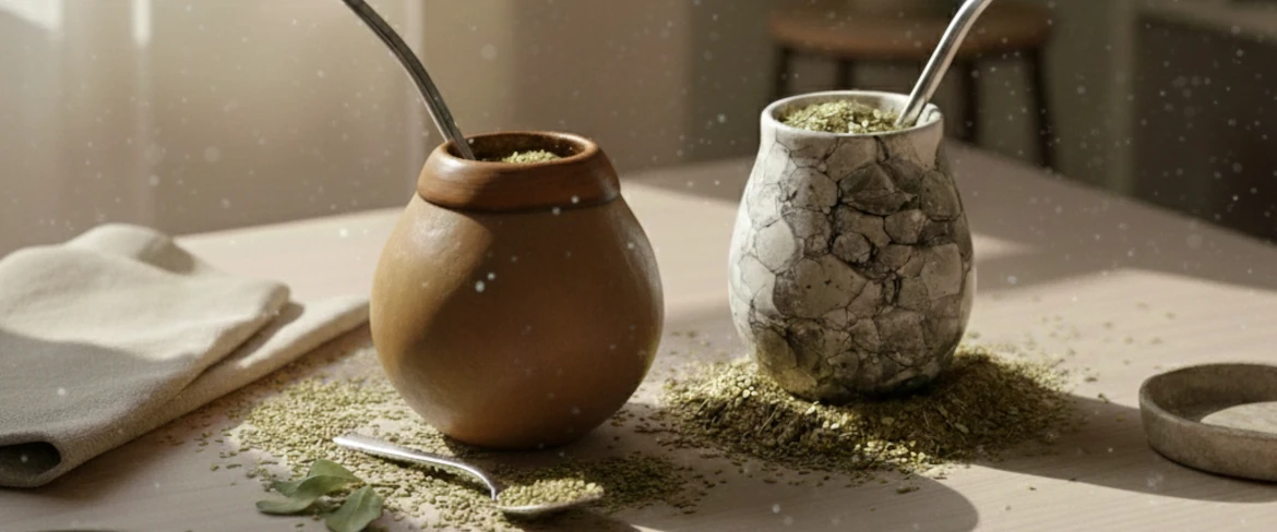 Srovnání: přírodní tykev a keramická tykev mate vedle sebe