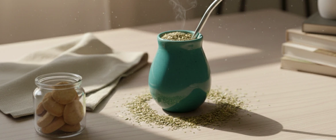 Moderní keramická kalebasa s yerba mate a bombillou – nádoba na yerba mate v teplém světle
