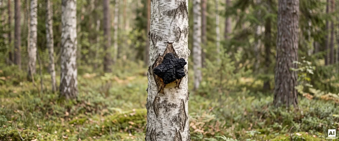 Černá chaga rostoucí na kmeni břízy v severním lese.
