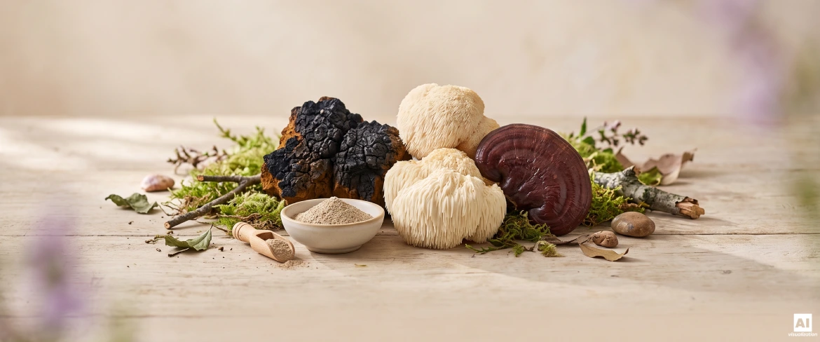 Chaga, lví hříva a reishi jako příklady funkčních hub.