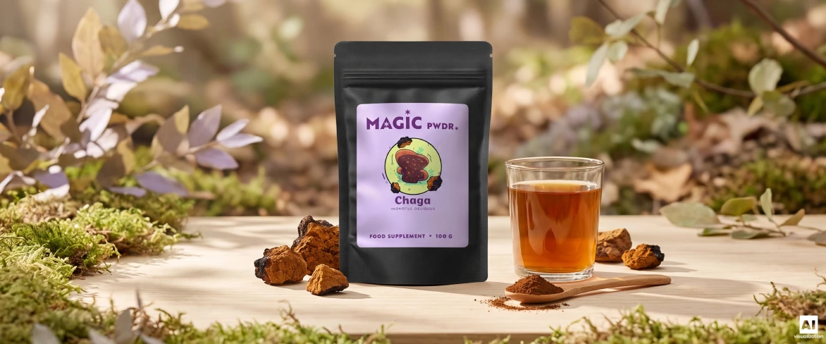 Magic Pwdr Chaga v sáčku typu „doypack“, práškový extrakt, kousky sušených hub a nálev.