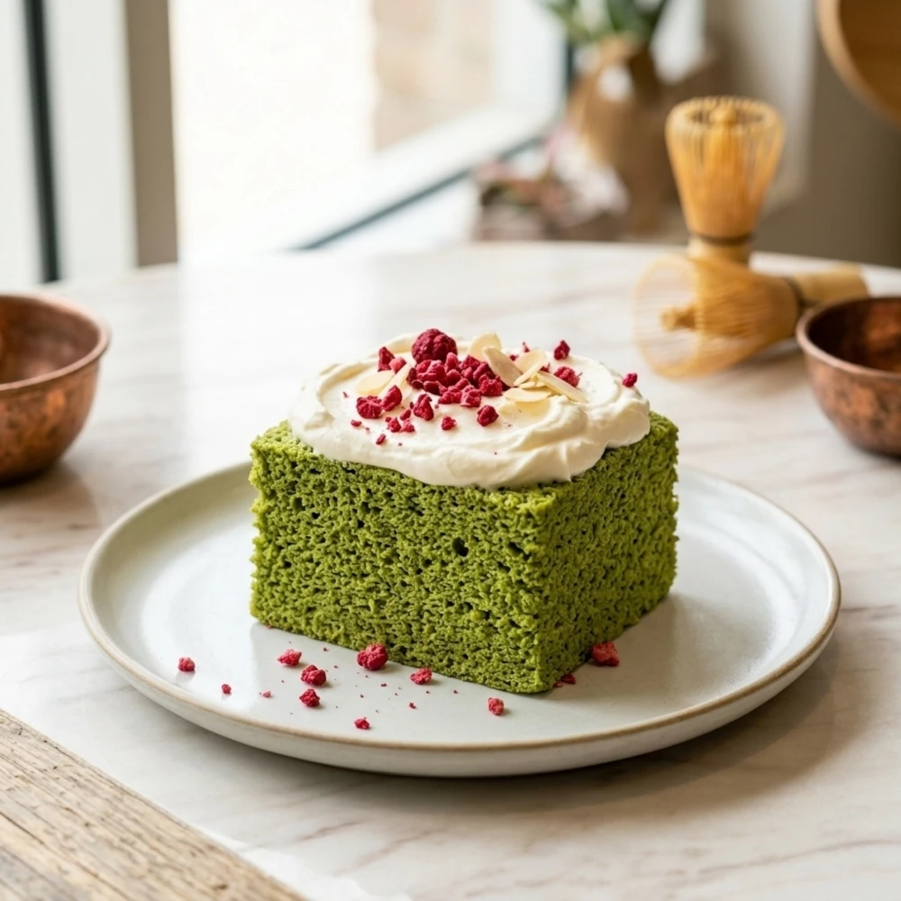 Nadýchaný matcha dort s mascarpone krémem, zdobený šlehačkou a lyofilizovanými malinami