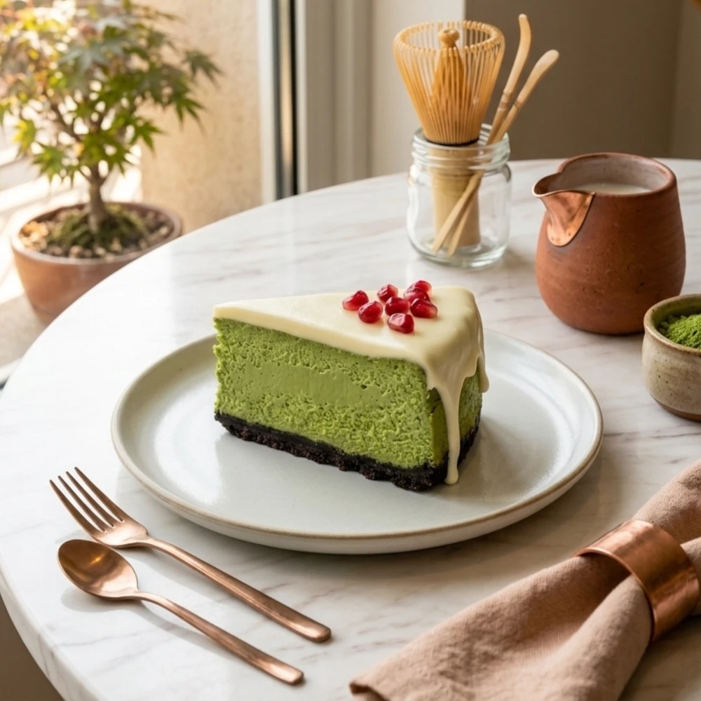 Krémový matcha cheesecake s bílou čokoládou a semínky granátového jablka na lehkém talíři