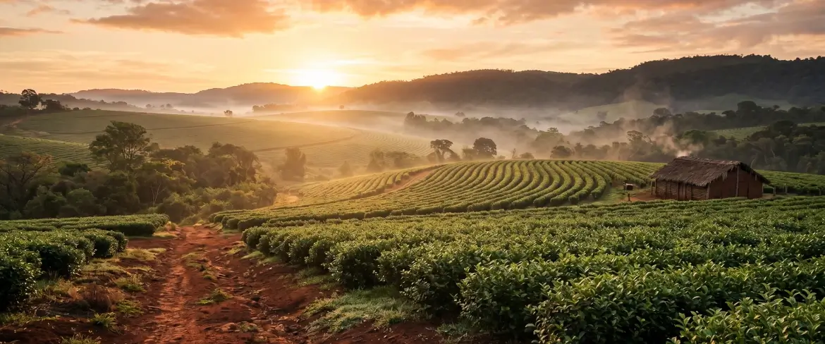 Zamlžená plantáž cesmíny při východu slunce – zdroj tradiční paraguayské yerba mate.