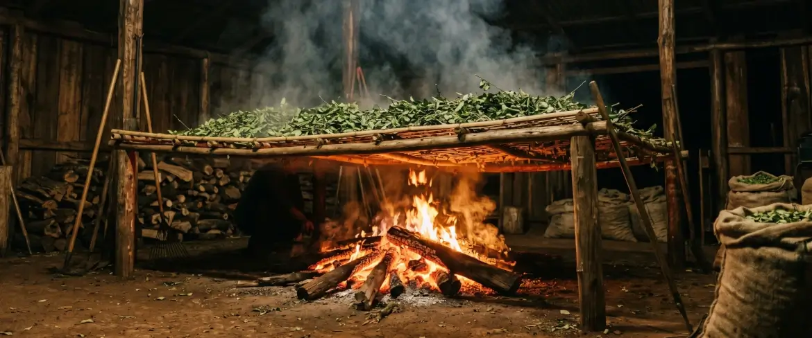 Tradiční způsob sušení listů nad ohněm z barbacuá, díky němuž paraguayská yerba mate získává svou kouřovou chuť.