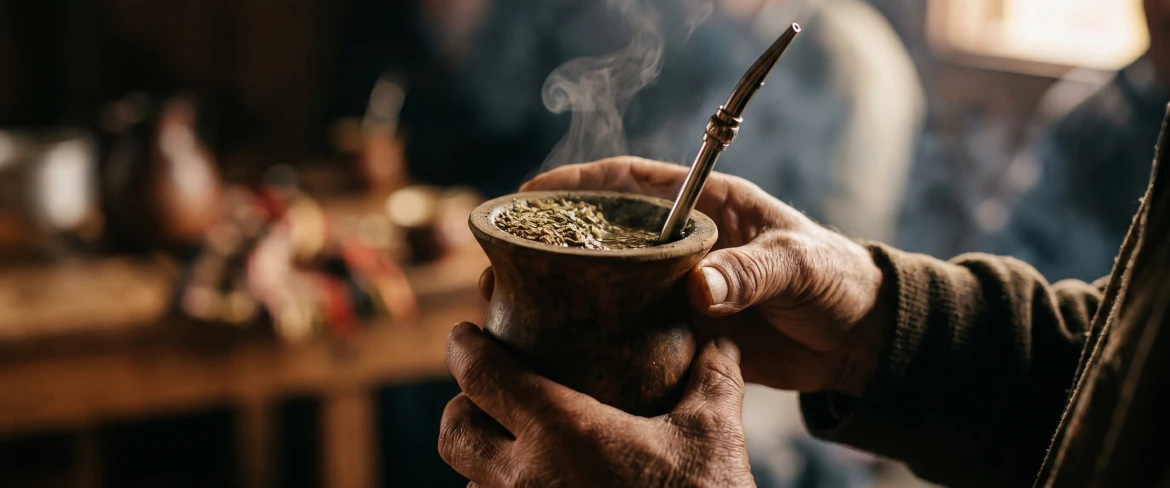 Ruce držící kalabasu s horkým nálevem – chuť, teplo a povzbuzující účinek nejsilnější yerby mate.