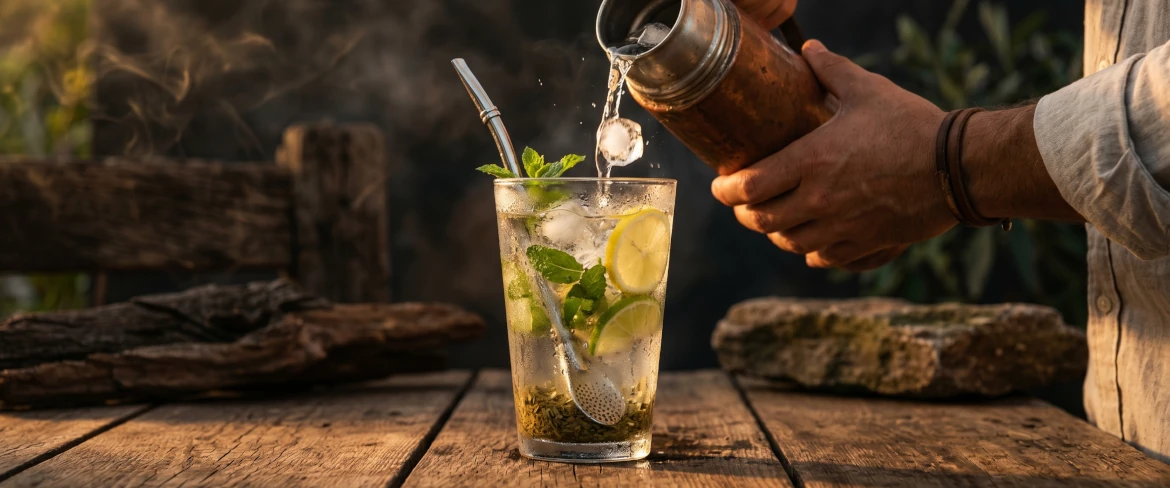 Osvěžující tereré s ledem a mátou, připravené z klasické paraguayské yerba mate.