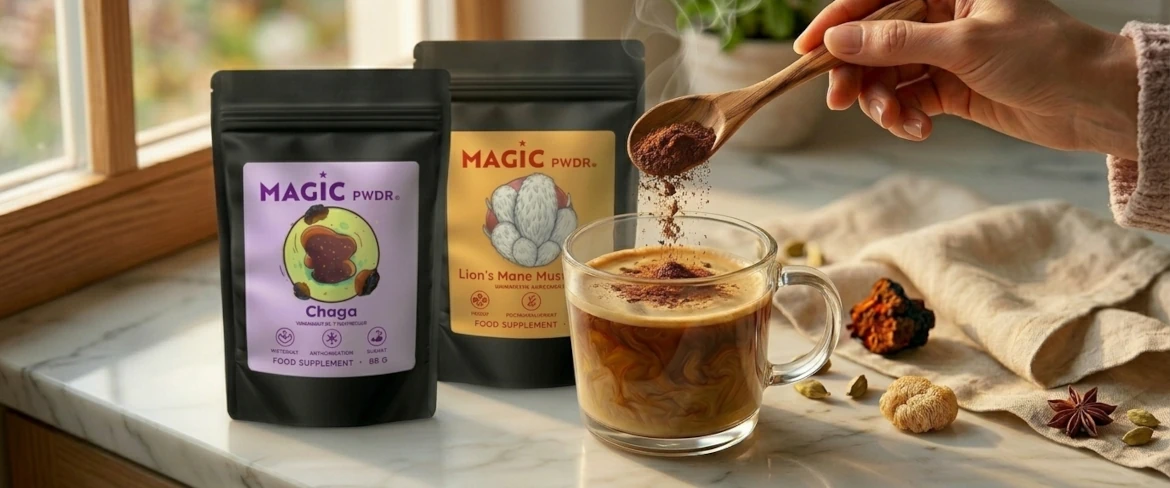 Každodenní užívání adaptogenních hub v práškové formě – přidávání práškového extraktu z houby lví hříva do kávy