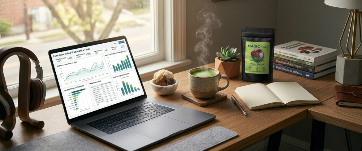 Moderní pracovní prostor s notebookem a nápojem podporujícím soustředění, vyrobeným z extraktu z léčivých hub