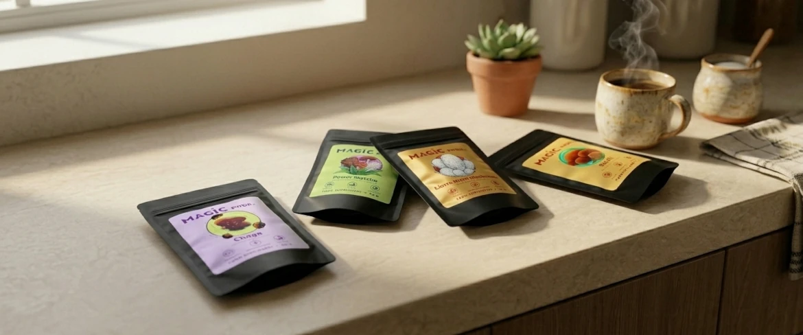 Doplňky stravy z hub na kuchyňské lince, které představují kompletní sortiment značky Magic Pwdr, včetně reishi, chagy a lví hřívy