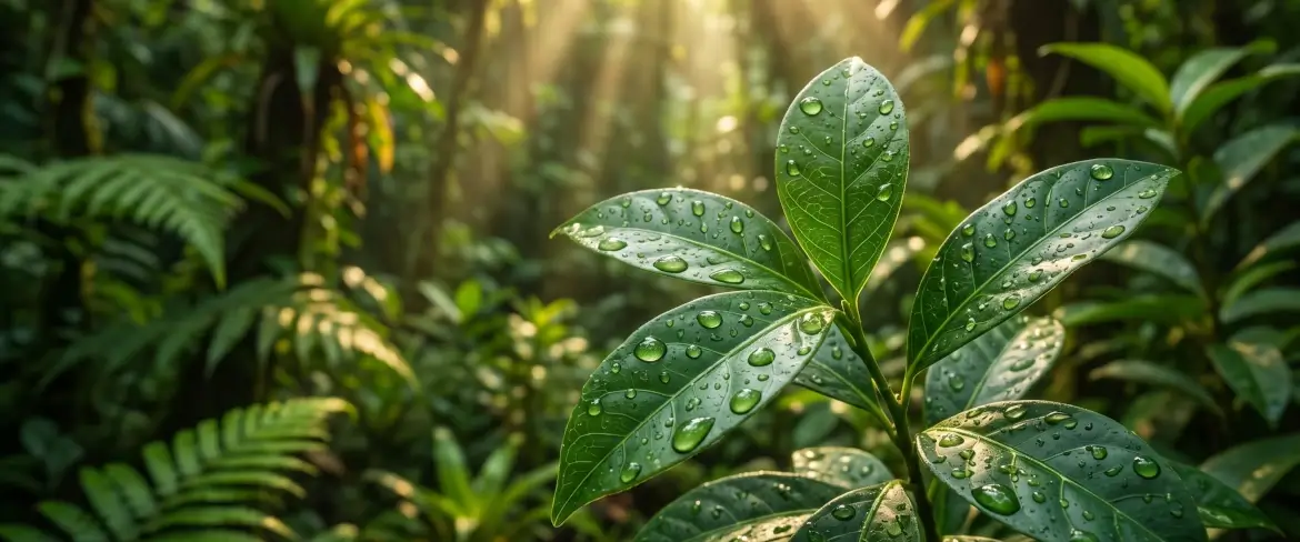 Čerstvé listy Ilex guayusa z amazonského deštného pralesa, které se používají k přípravě čaje z guayusy.