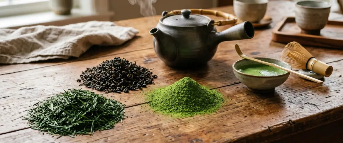 Sypané čajové lístky na dřevěném stole: čínský zelený čaj, japonský práškový čaj matcha a srolovaný indický černý čaj.