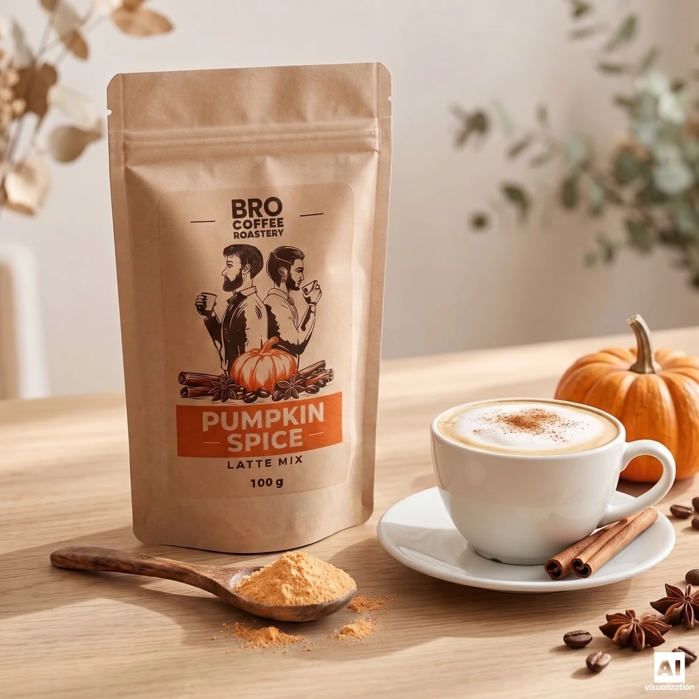 Směs na přípravu Pumpkin Spice Latte od Bro Coffee Roastery, dřevěná lžička s dýňovým práškem a šálek latte posypaný skořicí.
