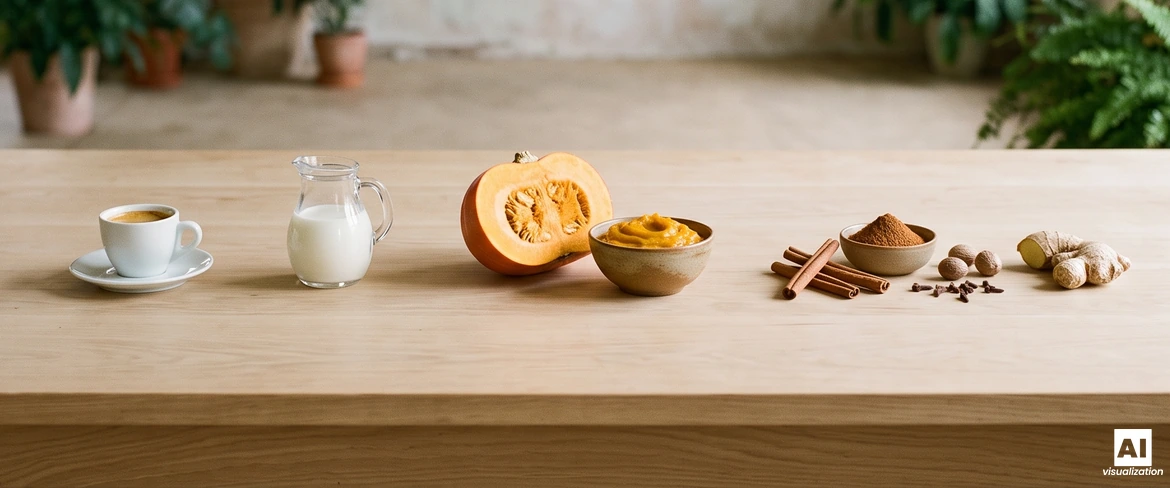 Ingredience na dýňovou kávu na dřevěném stole: espresso, mléko, dýně, dýňové pyré, skořice, muškátový oříšek, hřebíček a zázvor.