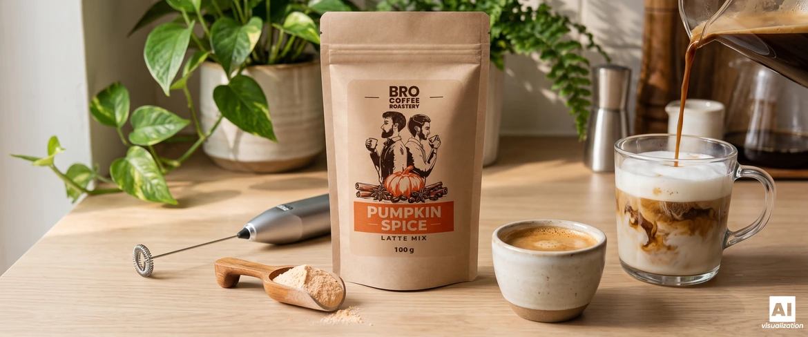 Směs na přípravu Pumpkin Spice Latte od Bro Coffee Roastery, napěňovač mléka a espresso nalévané do sklenice s mléčnou pěnou.