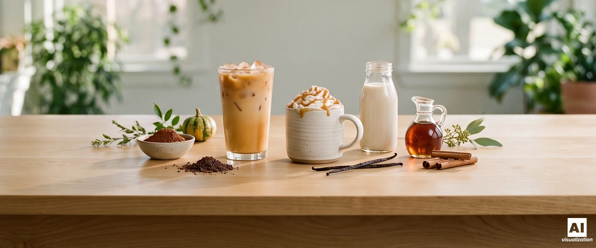 Ledová dýňová káva s ledem a horké dýňové latte s karamelem, vedle rostlinného nápoje, javorového sirupu, kakaa a vanilky.