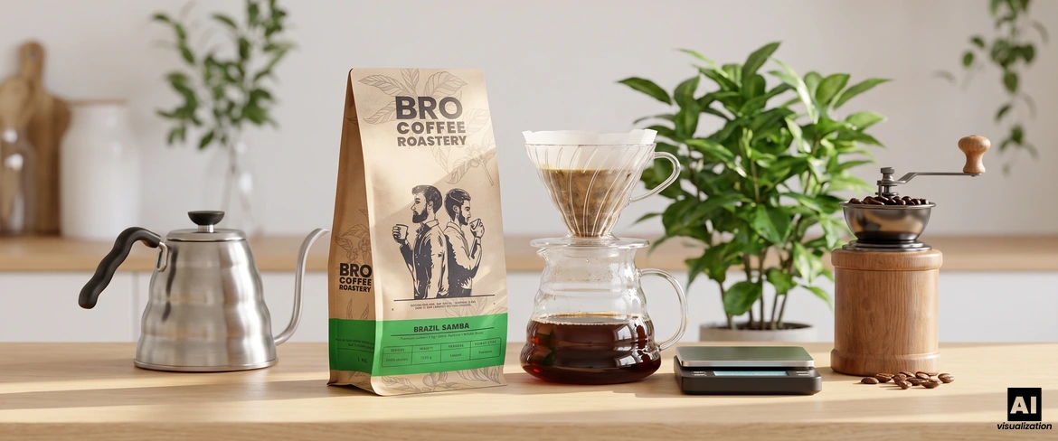 Káva „Brazil Samba“ od Bro Coffee Roastery vedle překapávače, konvice, váhy a ručního mlýnku na kávu.