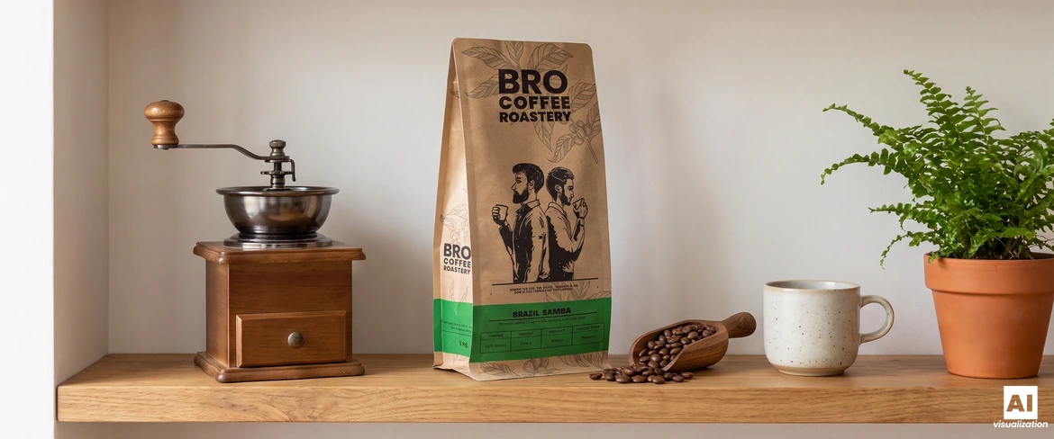 Zavřený sáček s kávou „Brazil Samba“ od Bro Coffee Roastery na polici vedle ručního mlýnku a šálku.
