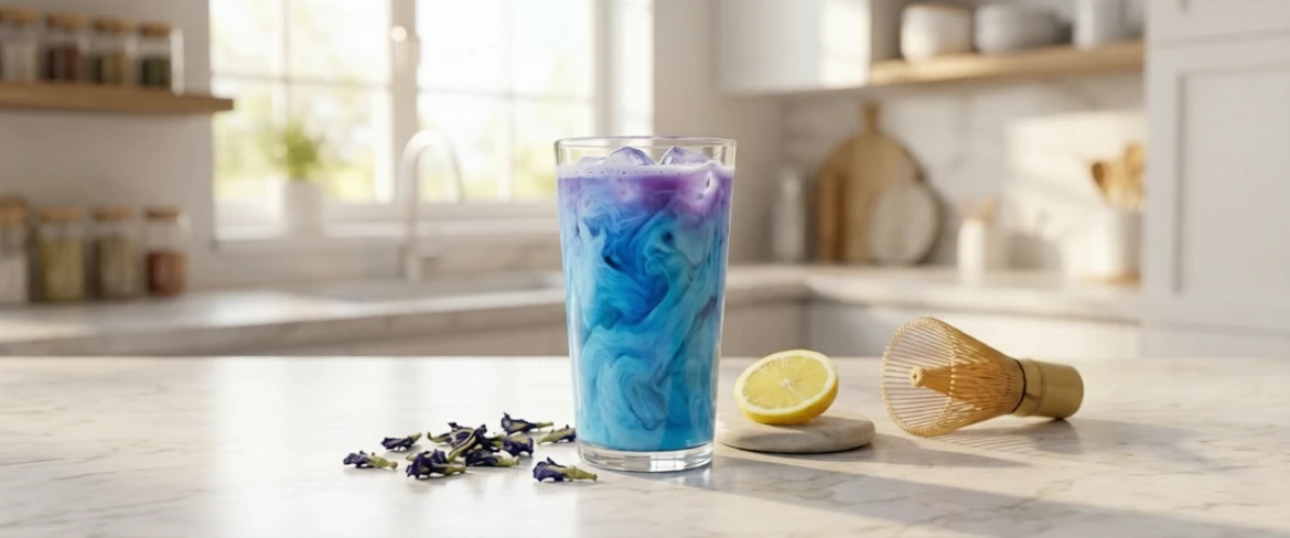 Co je to modrý matcha a jak vypadá? Modrý matcha z clitoria ternatea podávaný s citronem