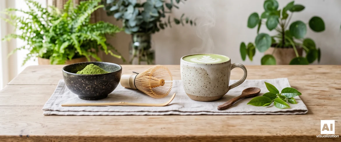 Matcha latte s mlékem v keramickém šálku, miska s matchou v prášku a bambusová metlička.