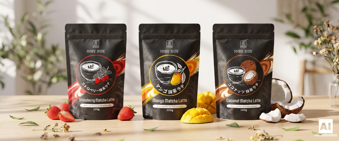 Balení Mary Rose Strawberry, Mango a Coconut Matcha Latte na dřevěném stole.