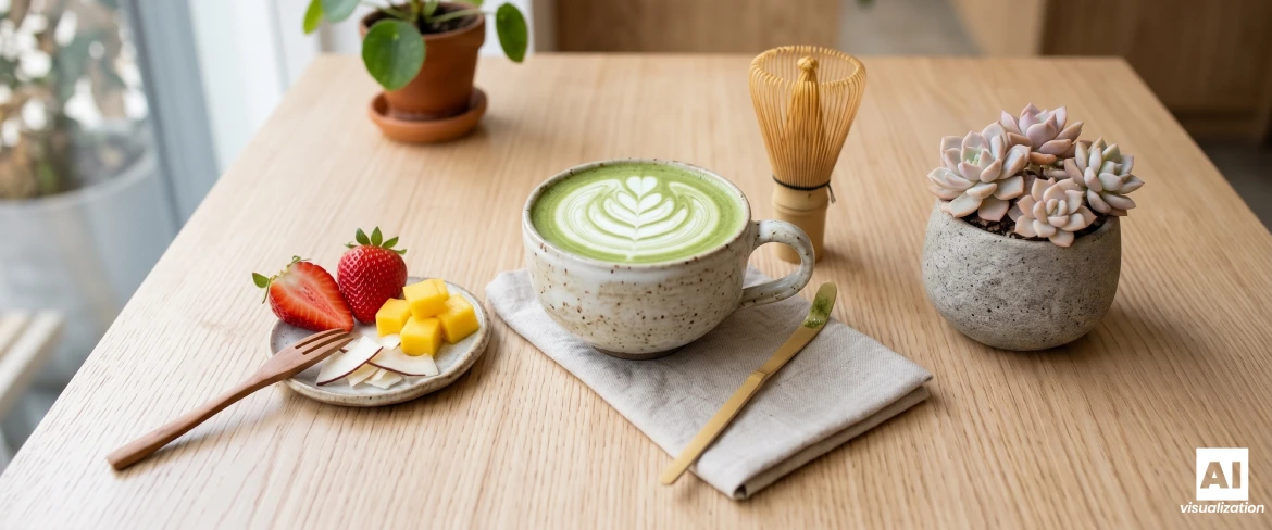 Matcha latte s mlékem, bambusová metlička a na stole jahody, mango a kokos.