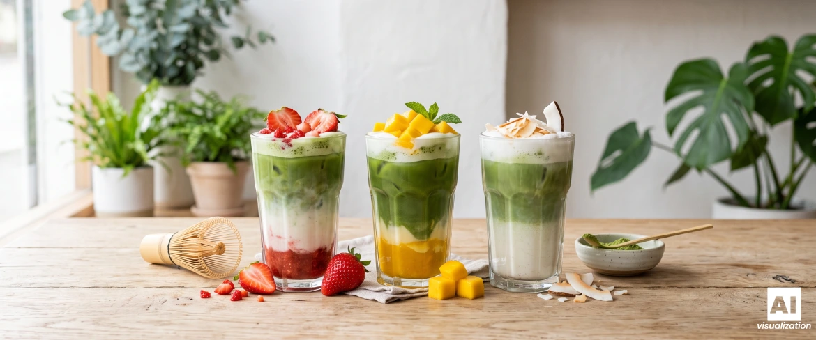 Barevné, vrstvené matcha latté s jahodami, mangem a kokosem podávané ve sklenicích.