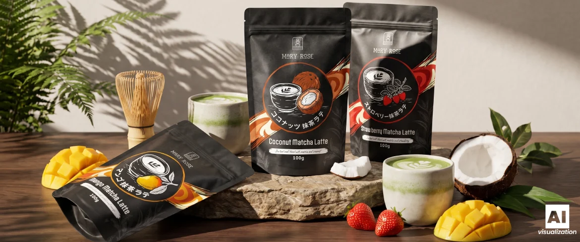 Produkty Mary Rose Matcha Latte ve třech příchutích, včetně nápoje, ovoce a bambusové metličky.
