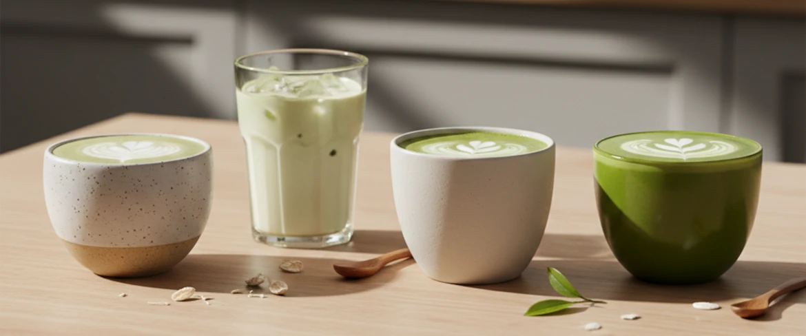 Matcha latte s různými druhy mléka – ovesným, kokosovým a mandlovým