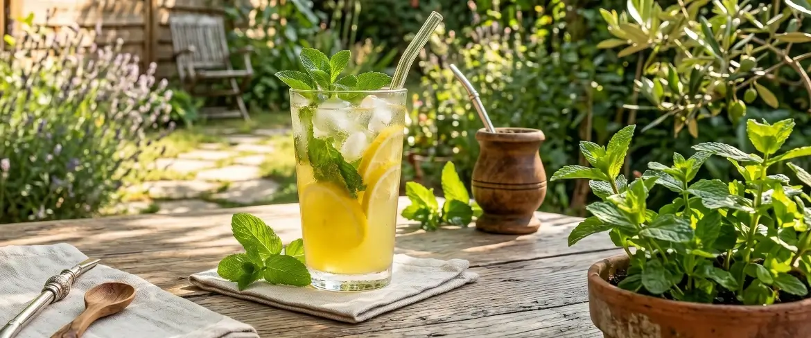 Osvěžující studená limonáda s ledem vedle tradiční kalabasy na yerba mate – jak v létě využít mátu