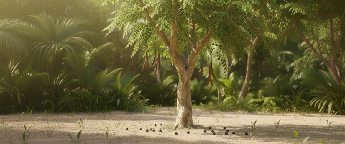 Listy stromu moringa v tropickém slunečním světle – přírodní pěstování moringy