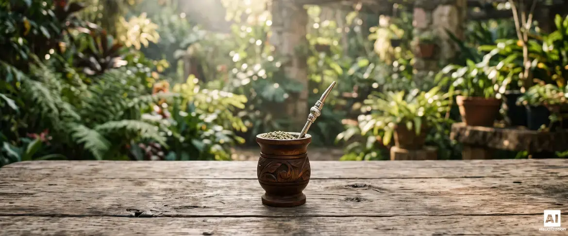 Dřevěná tykva na mate s silnou yerbou mate a bombillou na pozadí zeleného listoví.
