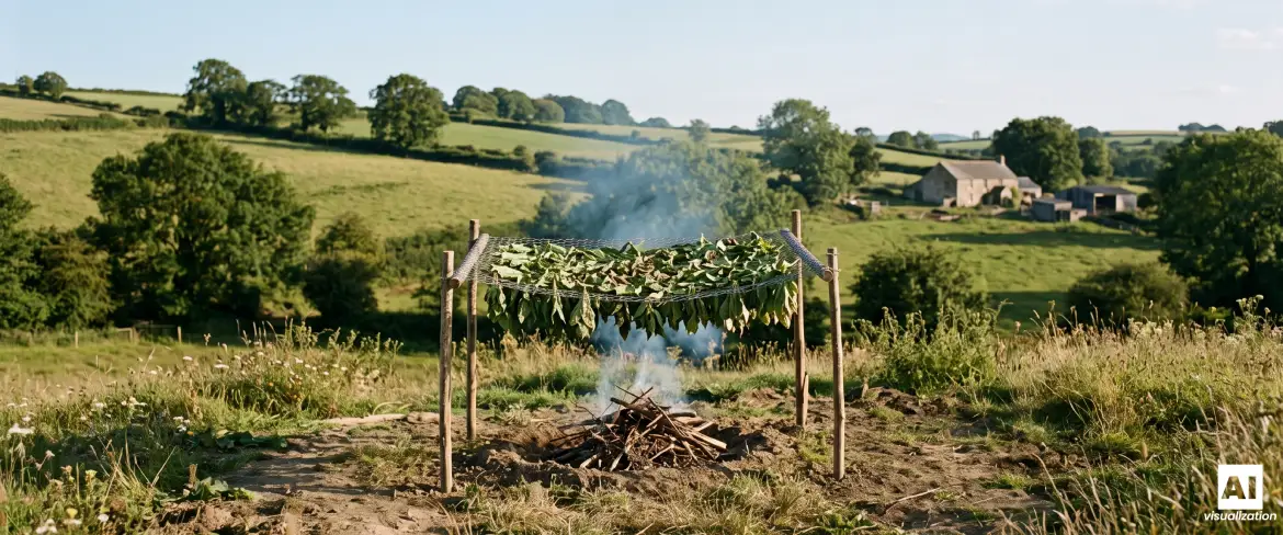 Sušení listů yerba mate nad ohněm metodou „barbacuá“ na venkově.