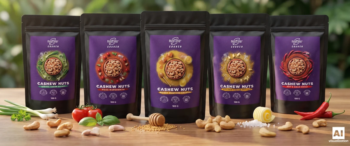 Pět balení pražených kešu oříšků Nustino Crunch s příchutí.