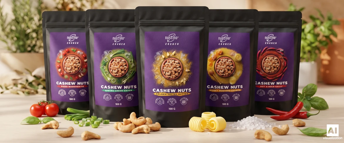 Pět příchutí pražených kešu oříšků Nustino Crunch.