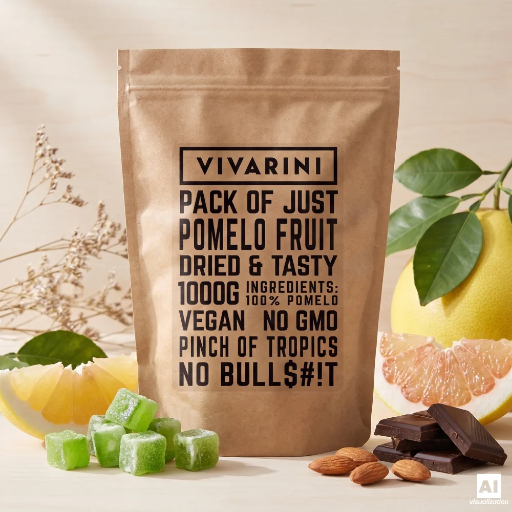 Balení kandovaného pomela značky Vivarini vedle čerstvých citrusových plodů, hořké čokolády a mandlí.