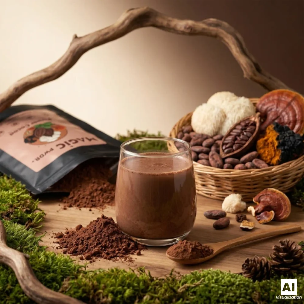 Magic Pwdr Power Cocoa, tedy kakao s houbovými výtažky, vedle šálku teplého kakaového nápoje.
