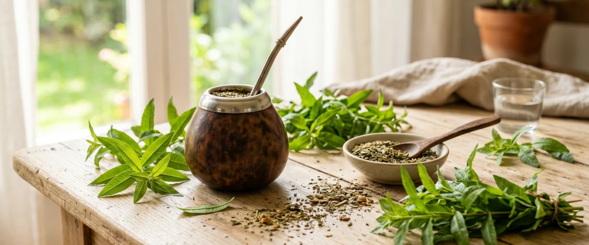 Kalabasa na yerba mate obklopená bylinkami. Zjistěte, do čeho se dá přidat citronová verbena.