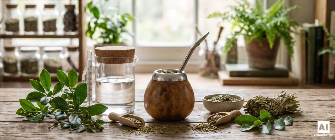 Džbán na mate s yerbou mate, listy yerby mate, sušenou yerbou mate, vodou a teploměrem na přípravu nápoje.